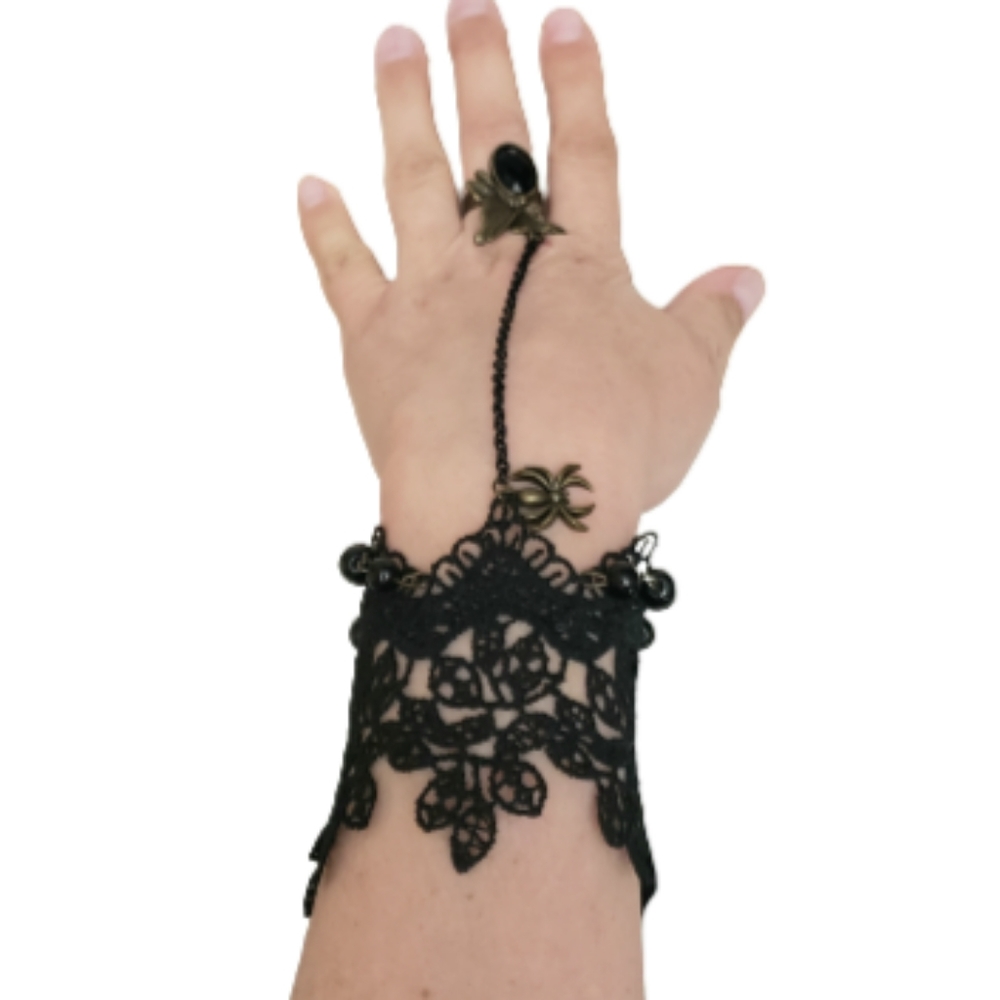 Gothic Steampunk Halloween 🎃 Lace Wrist Doily Bracelet W Connected Ring